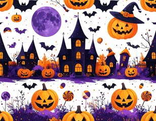 Fototapeta premium AI Generative Seamless Halloween pattern with haunted houses, jack-o'-lanterns, bats, and a purple moon.