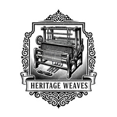 Intricate Black and White Illustration of a Vintage Weaving Loom.