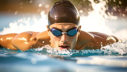 Close-up of a swimmer in a freestyle, or front crawl stroke.  Focused on the swimmer's determined face and upper body as he glides through the water. Sunlight reflects off the water's surface