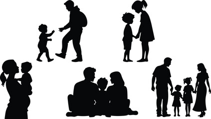 Set of six black silhouettes showing family and parental interactions including holding hands, embracing children, and seated bonding moments