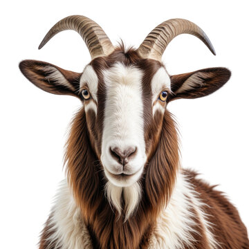 Goat portrait brown, white fur; curved horns, amber eyes, black background