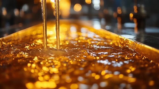 Golden Honey Syrup Pouring in a Food Factory Production Line.