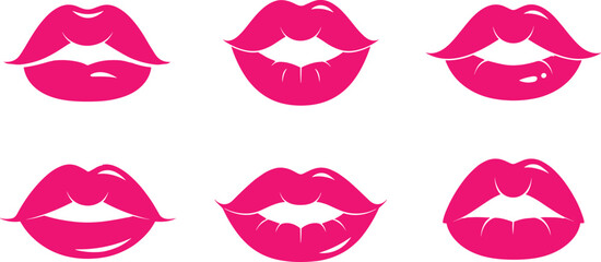Set of six pink lips icons showing various shapes and expressions, minimalistic style for fashion, cosmetics, and design use