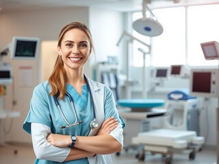 A confident young female doctor in scrubs smiles warmly with her arms crossed, standing in a bright modern operating room ready to provide the best patient care.