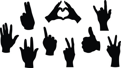 Set of ten black hand gesture silhouettes including peace sign, thumbs-up, pointing, and heart shape for expressive communication
