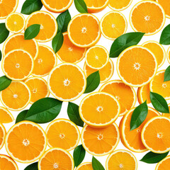 Orange slices with bright green leaves arranged randomly