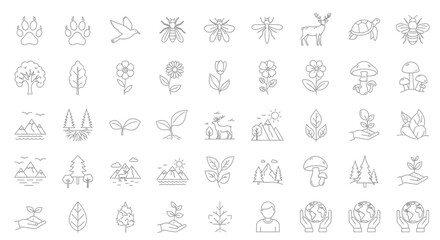 Collection of outline icons representing nature, animals, plants, and environmental concepts in a minimalist, line art style.