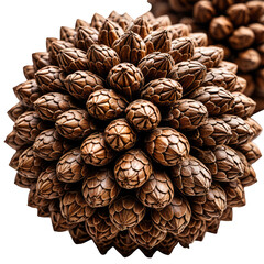 Dense sphere of textured, brown, cone-shaped elements in a close-up shot