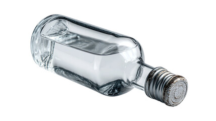 a clear glass bottle partially filled with a colorless liquid isolated on white background