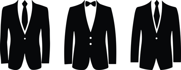 Set of three black formal suit silhouettes featuring necktie and bow tie styles for business, tuxedo, and formal occasions