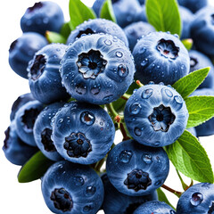 Fresh, ripe blueberries covered in water droplets on green stems