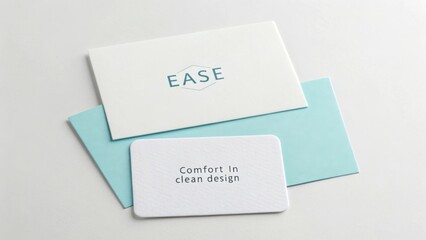 Modern business cards with minimalist design showcasing the word ease and comfort in clean aesthetic layout