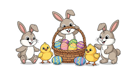 Fototapeta premium Charming group of cartoon Easter bunnies and little yellow chicks gathered around a wicker basket of decorated eggs. Isolated vector graphic design element