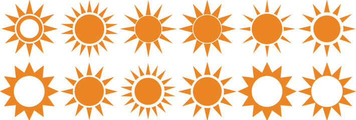 Set of twelve stylized sun icons with varied ray shapes, center fills, and symmetrical designs in black and orange
