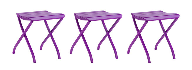 Three purple folding stools isolated on transparent background