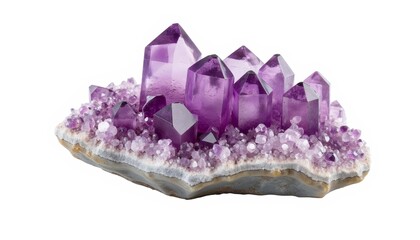 Amethyst crystal cluster with purple gemstones on white background  