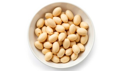White almonds in a ceramic bowl on white background  