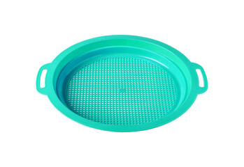 Turquoise plastic sieve with handles isolated on transparent background