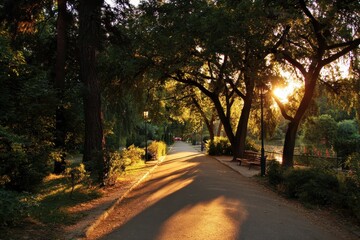 Obraz premium Sunlit path surrounded by trees in a park during golden hour before sunset offering a peaceful retreat for visitors