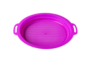 Bright pink plastic sieve with handles isolated on transparent background