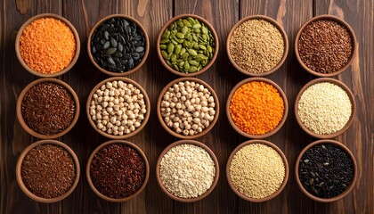 Assorted whole grains and seeds in small bowls, displayed on a dark wooden surface