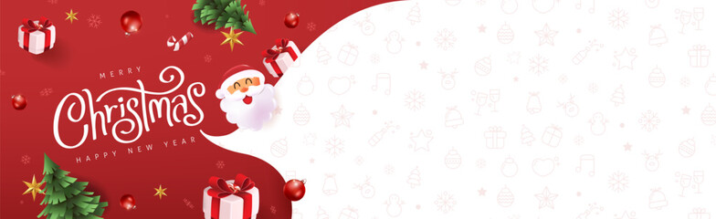 Cute Santa Christmas greeting card or sale banner with festive decoration gift boxes and red white background including copy space for holiday text or seasonal promotion