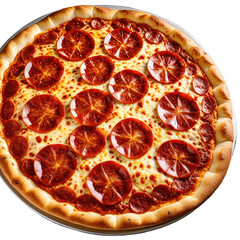 Pepperoni pizza. Classic round pie with cheesy, tomato topping and light crust
