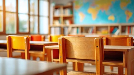 Classroom Serenity: A sun-drenched classroom, ready for learning, features rows of wooden desks and chairs, with world map on wall and filled with knowledge and opportunity.