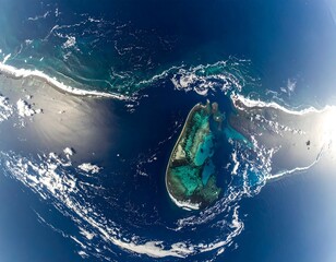 High-angle view of a tropical island chain, surrounded by ocean and clouds