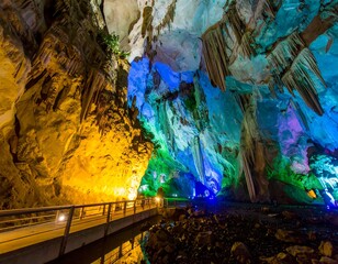 Illuminated Cave Interior with Boardwalk and Color Lighting