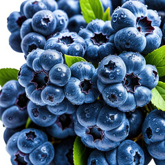 Fresh blueberries with water droplets and green leaves, close-up view