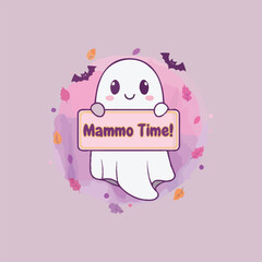 Cute ghost holding a sign that says Mammo Time.