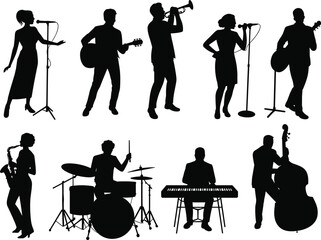 Silhouettes of eight musicians performing with various instruments including guitar, trumpet, saxophone, drums, keyboard, and double bass