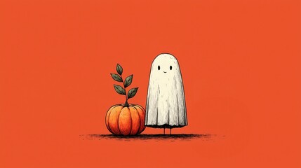 Cute ghost with smiling face standing next to orange pumpkin with green leaves against vibrant solid orange background, whimsical Halloween illustration suitable for wallpaper, poster, decor