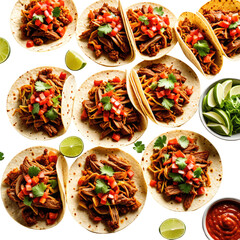 Tacos Tortillas filled with meat, diced red topping, cilantro, and lime