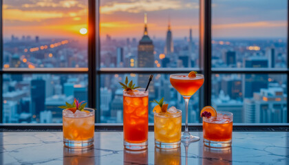 Cocktails on a rooftop bar with a stunning sunset view of New York City.