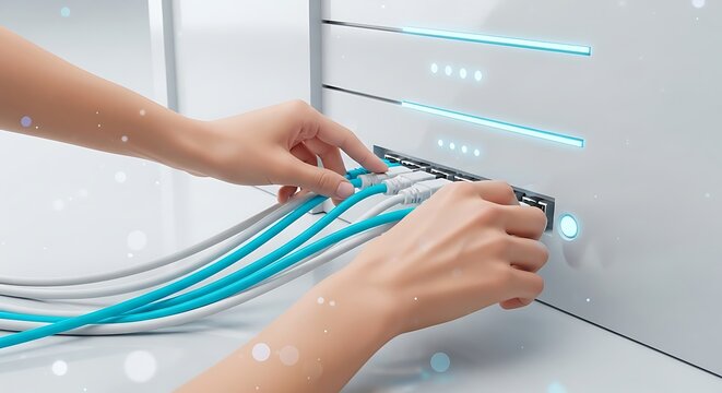 Hands connecting network cables to a server data center maintenance IT infrastructure management