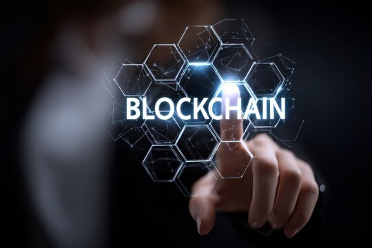 Businesswoman interacts with digital blockchain graphic while promoting innovation in finance technology during a conference