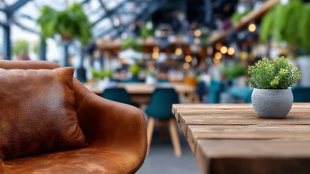 Cozy Cafe Corner: An inviting, warm cafe scene with a comfortable leather armchair and a quaint succulent plant placed on a rustic wooden table. A perfect setting for relaxation, reflection.