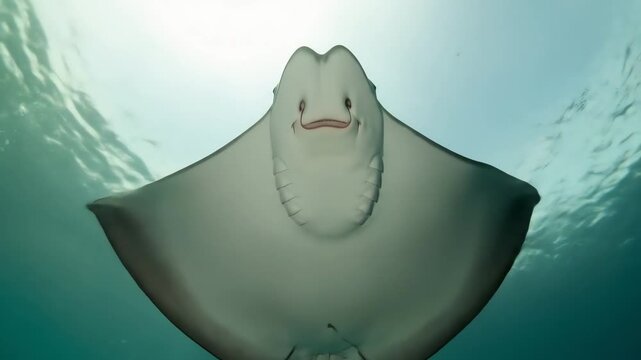 Smiling Stingray Swimming Underwater With Sunlight Filtered Through Surface With Details of Texture and Pattern in Blue Water