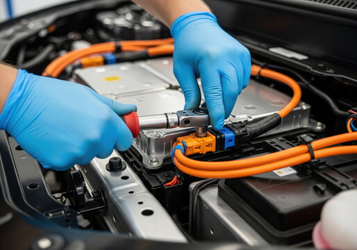 Skilled technician in blue gloves performing maintenance on a modern electric or hybrid vehicle's high-voltage system using a torque wrench.