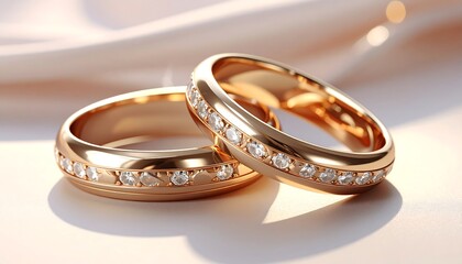 Two elegant rose gold wedding bands, adorned with sparkling diamonds, rest on a soft, ivory fabric
