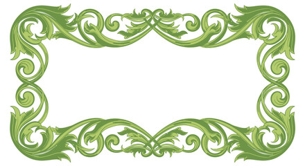 A decorative rectangular frame with intricate green floral scrollwork, isolated on white.