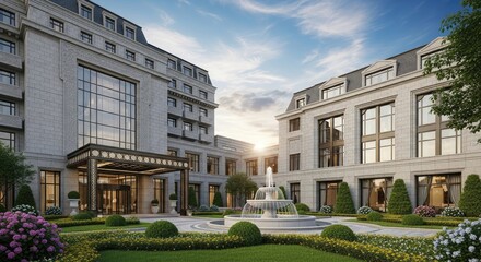 A grand, elegant hotel facade with a fountain and lush greenery in front.