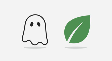 A simple illustration showing a white ghost outline next to a green leaf on a light background.