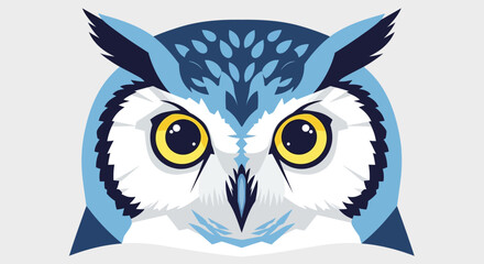 Stylized illustration of an owl's face with blue and white feathers and bright yellow eyes, set against a light background.