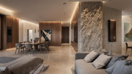 Fototapeta premium Luxurious modern interior with natural stone, wood paneling, art, and comfortable seating