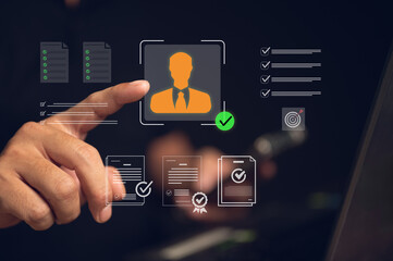 HR manager using a futuristic UI for recruitment and employee data management The interface shows candidate profile verification resume approval compliance checks symbolizing a digital hiring process
