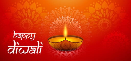 Happy Diwali Festival Greeting Background with Glowing Diya Lamp, Bright Orange Red Decorative Lights, Festive Indian Celebration Theme, and Warm Spiritual Holiday Design