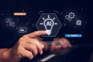 Man points at an AI lightbulb icon to generate creative ideas. The futuristic interface includes command prompts and tools for generating text, images, and using AI agents for innovation.